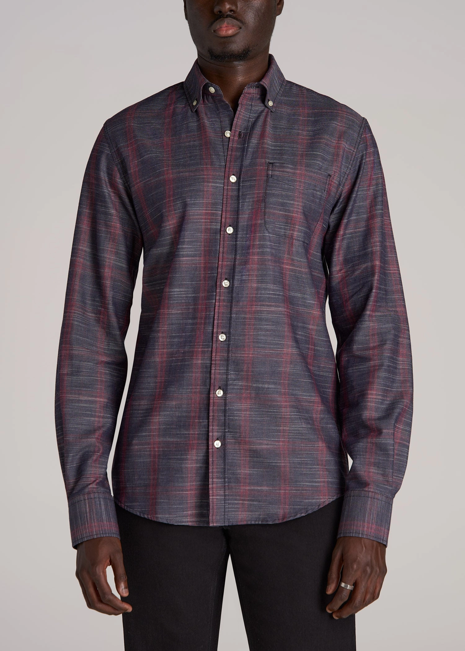 Textured Weave Cotton Button-Up Shirt for Tall Men in Red Plaid Professional Look