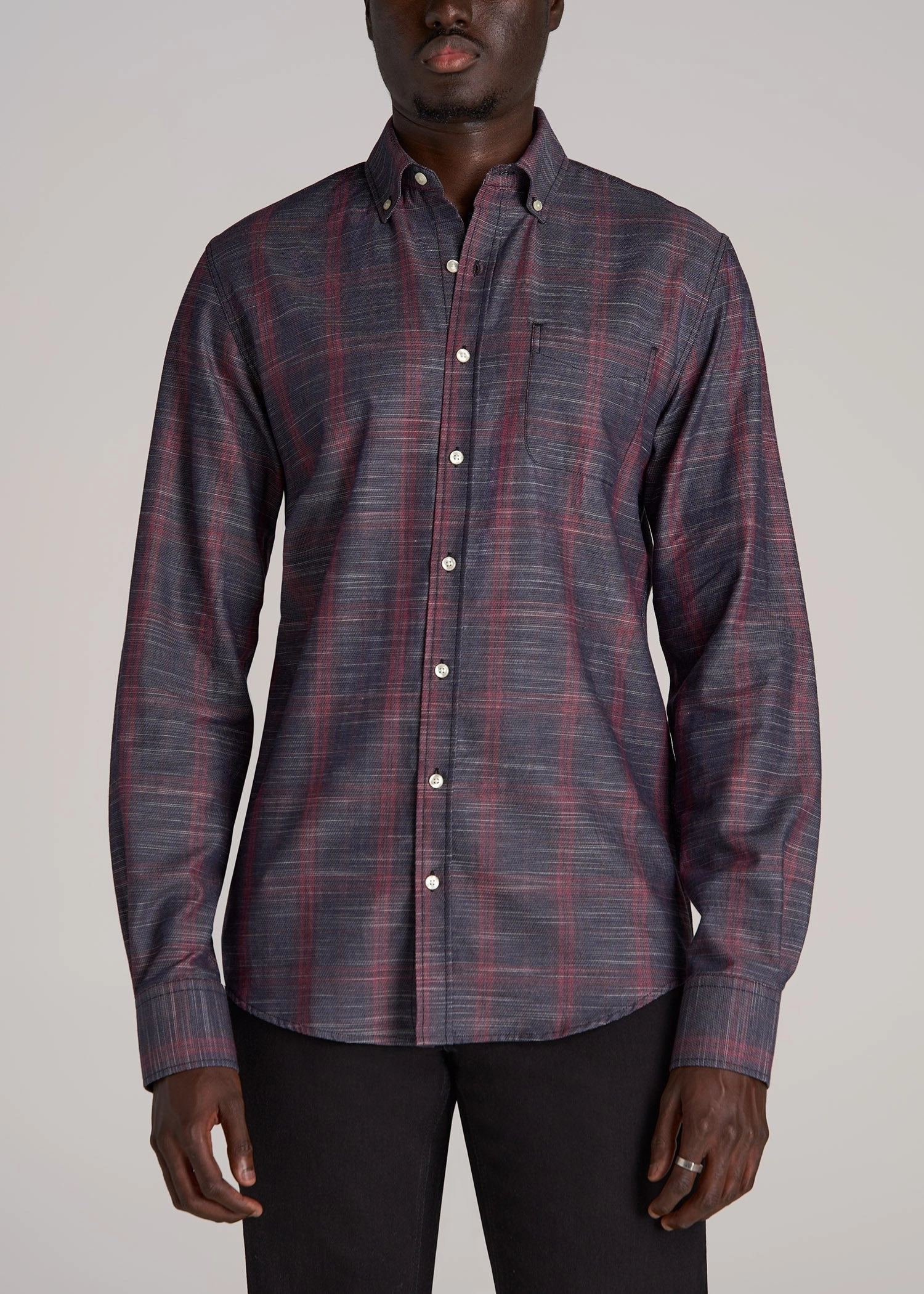 EasyCare Fabric UV protection coating Textured Weave Cotton Button-Up Shirt for Tall Men in Red Plaid
