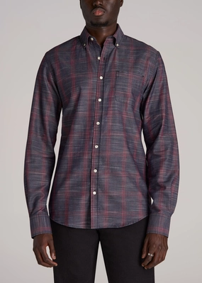 EasyCare Fabric UV protection coating Textured Weave Cotton Button-Up Shirt for Tall Men in Red Plaid