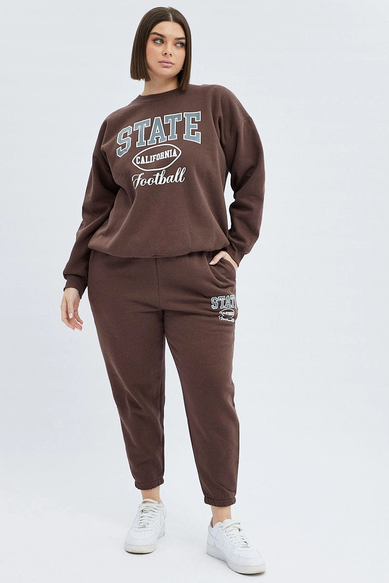 Concert Look Fashion Essential Brown Oversized Sweatshirt State Football Printed Fleece