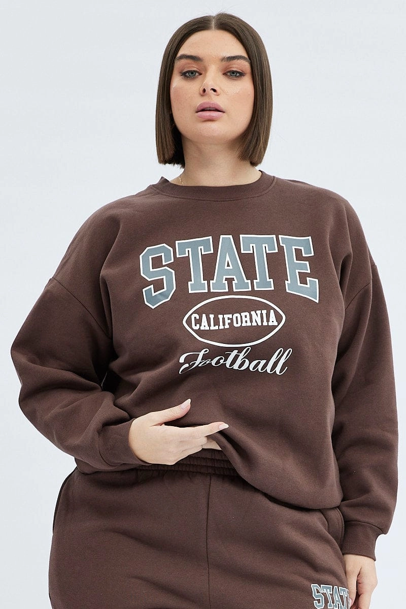 Brown Oversized Sweatshirt State Football Printed Fleece Generic