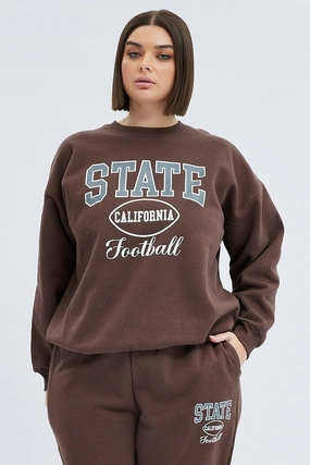 Cozy Hoodie mountain style Brown Oversized Sweatshirt State Football Printed Fleece