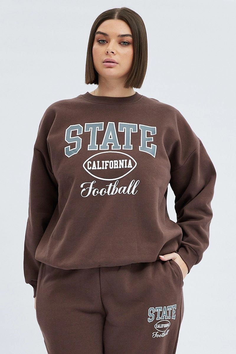 Cozy Hoodie mountain style Brown Oversized Sweatshirt State Football Printed Fleece