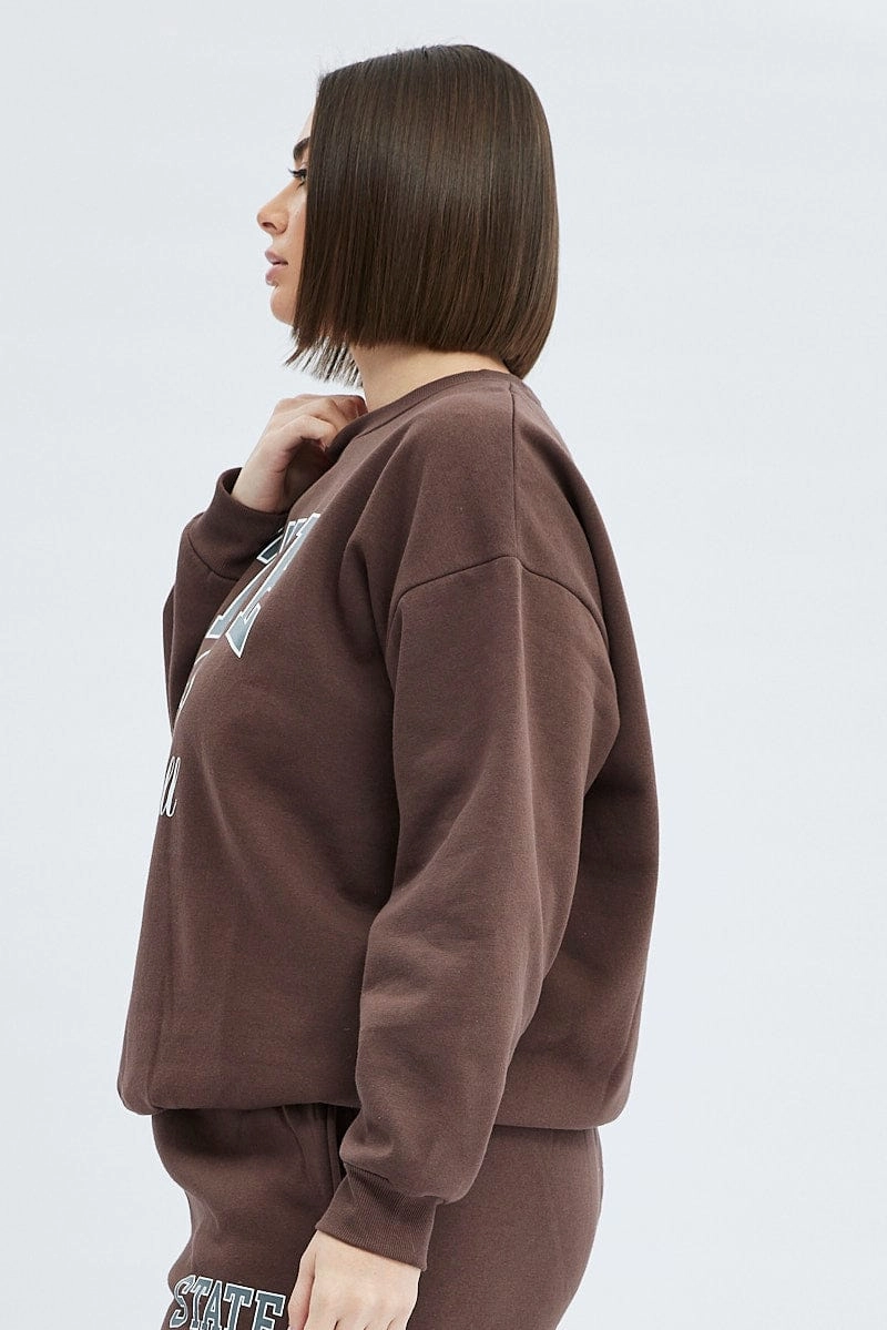 Brown Oversized Sweatshirt State Football Printed Fleece Tassel accents