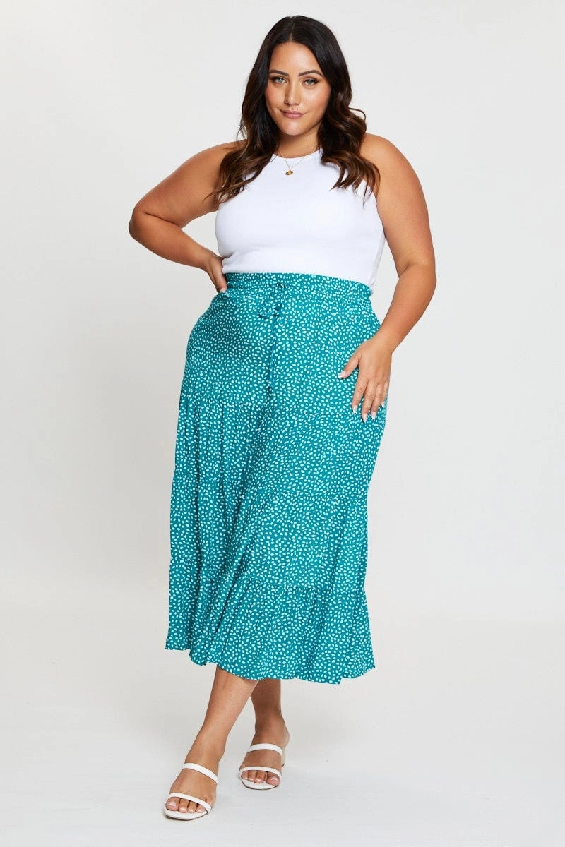 Geo Print Midi Skirt Elastic Waist Layered Structure