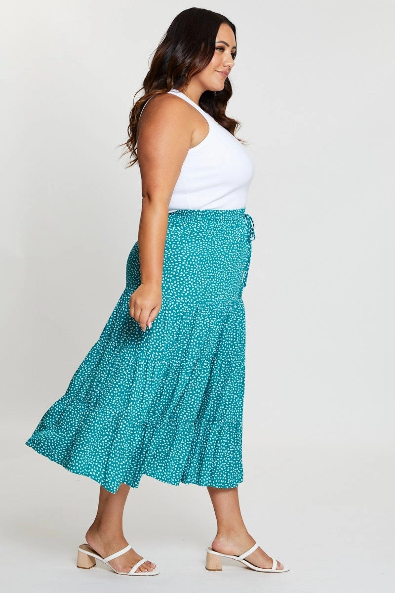 Geo Print Midi Skirt Elastic Waist Weighted Hem Retro Style