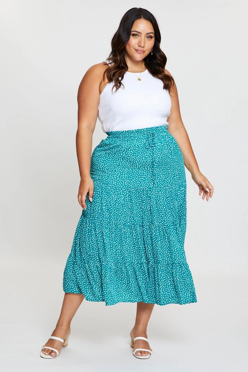 Tea length Geo Print Midi Skirt Elastic Waist