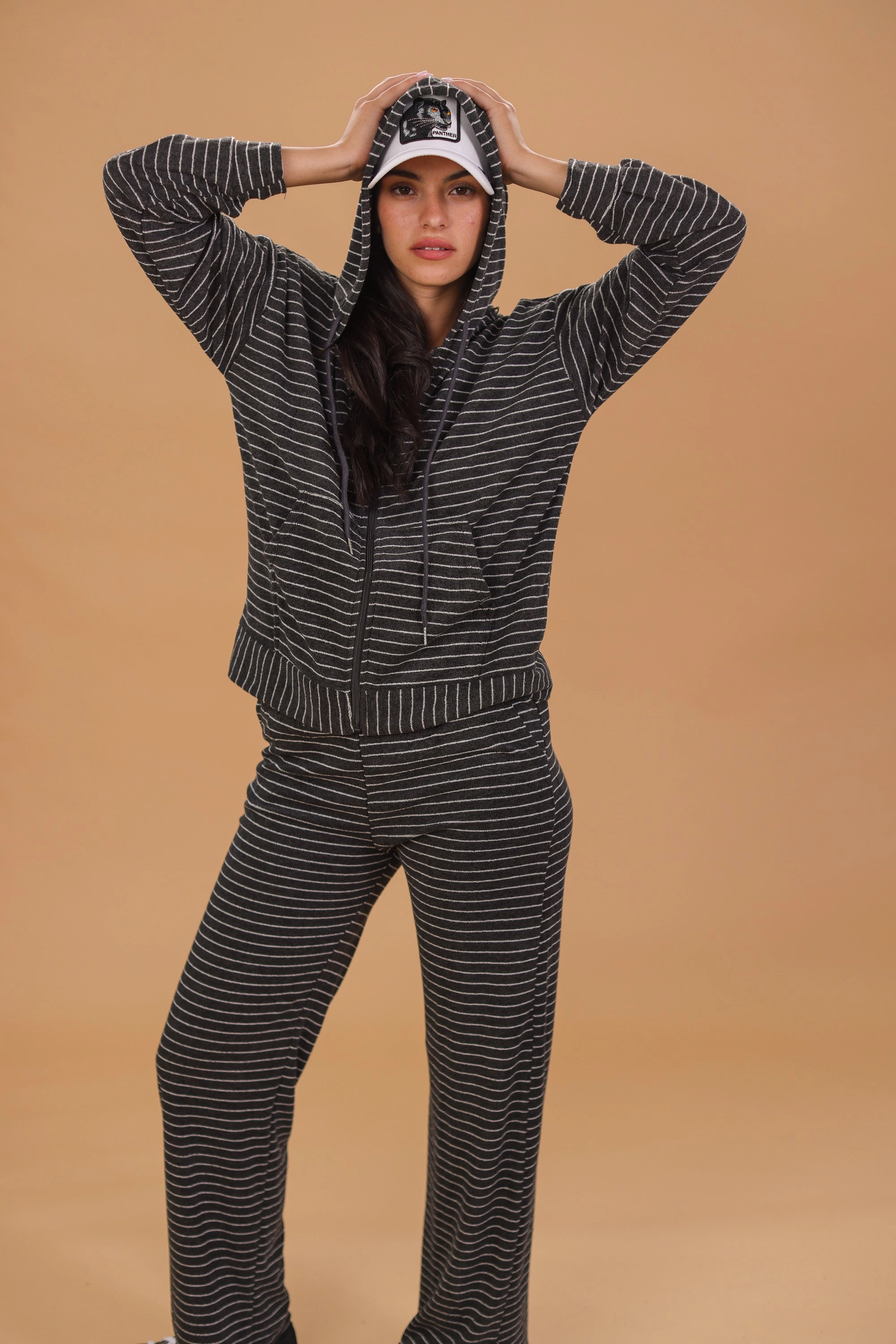 Hooded Cardigan Lorra Grey Stripes Adjustable Drawstring Waist