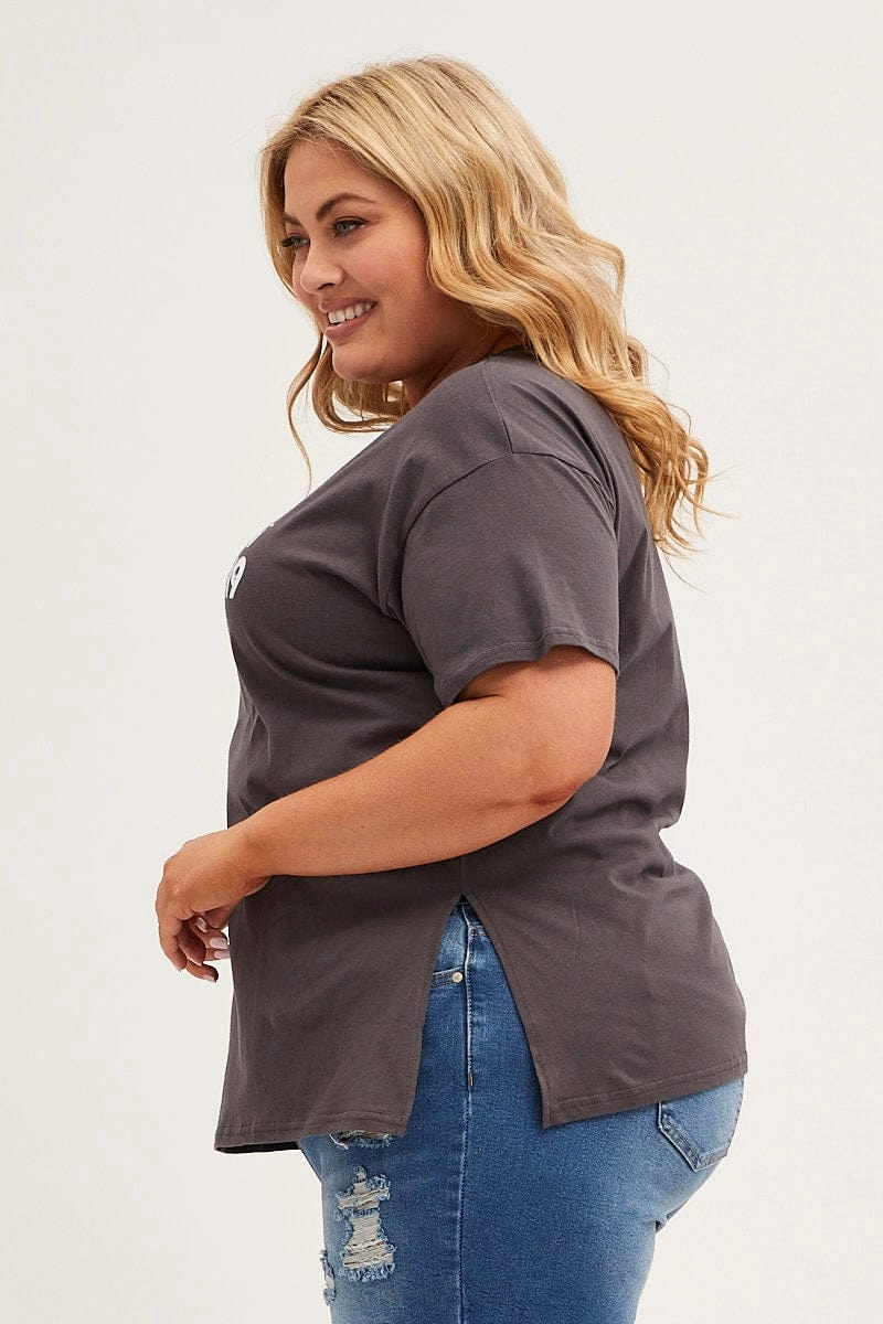 Easy-Going Style Grey Graphic T-shirt Longline Festival Cotton