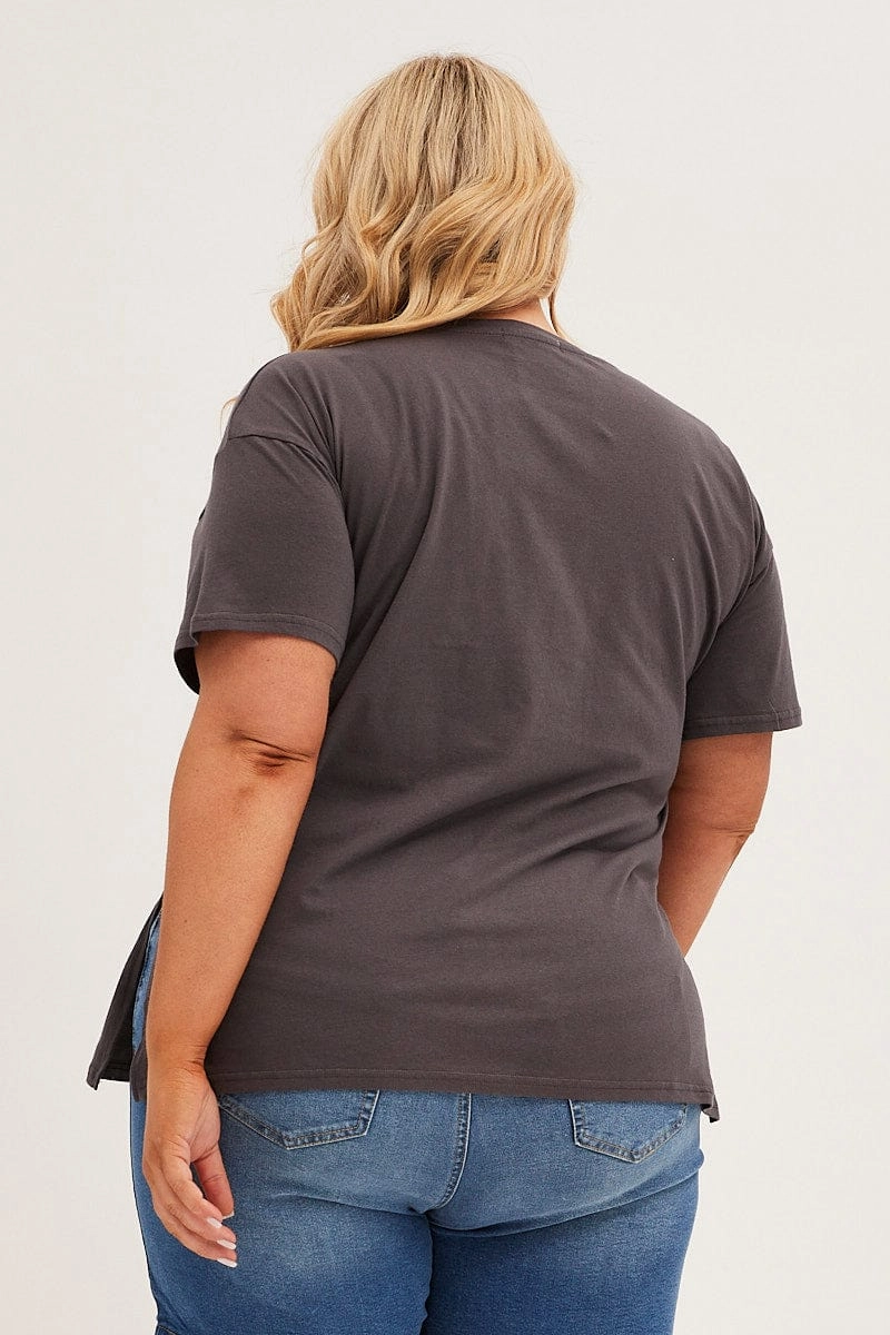 Trendy Comfort Smooth Finish Grey Graphic T-shirt Longline Festival Cotton