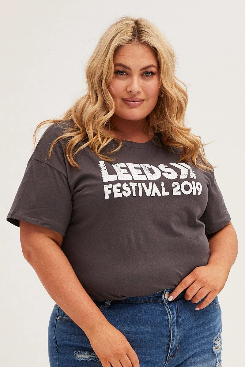 NonIronTechnology Grey Graphic T-shirt Longline Festival Cotton