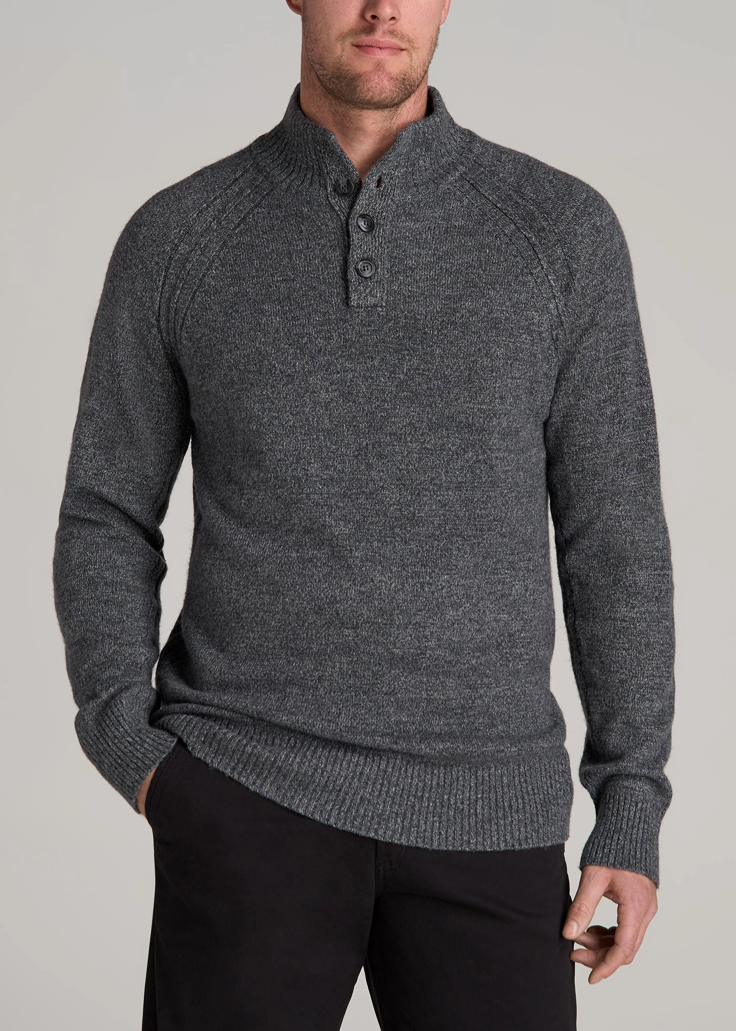 Three Button Mock Neck Tall Men's Sweater in Grey Marl soft fit Striped