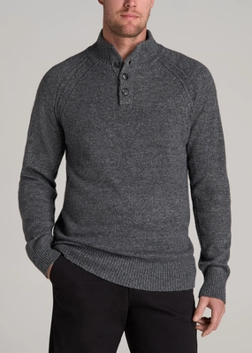 Three Button Mock Neck Tall Men's Sweater in Grey Marl soft fit Striped