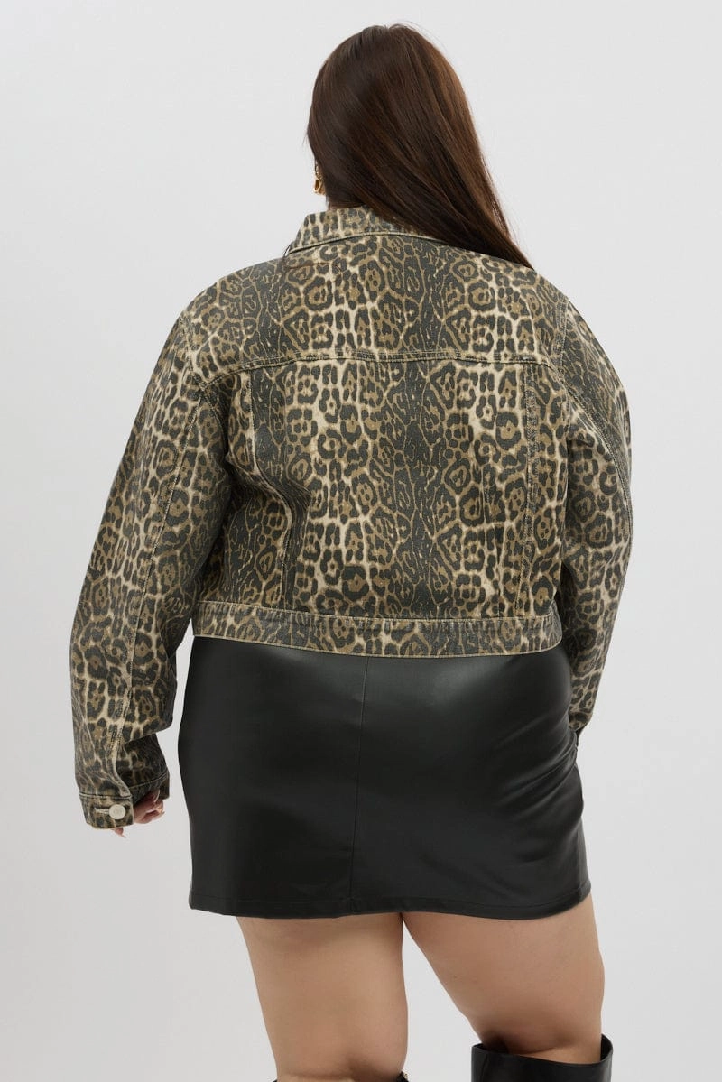 Ultraviolet Protection Factor Stretchable Material Brown Animal Print Cropped Leopard Washed Jean Jacket