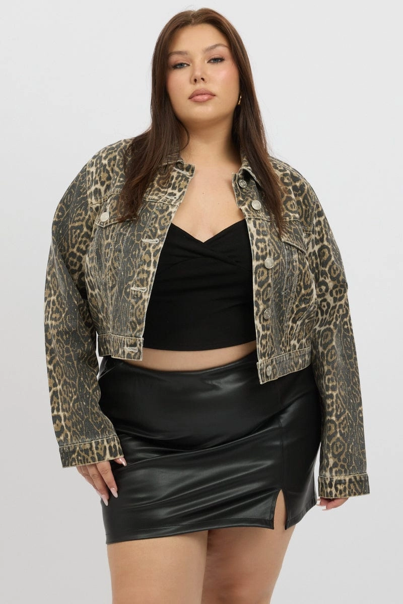 Moisture Wicking Inner Brown Animal Print Cropped Leopard Washed Jean Jacket