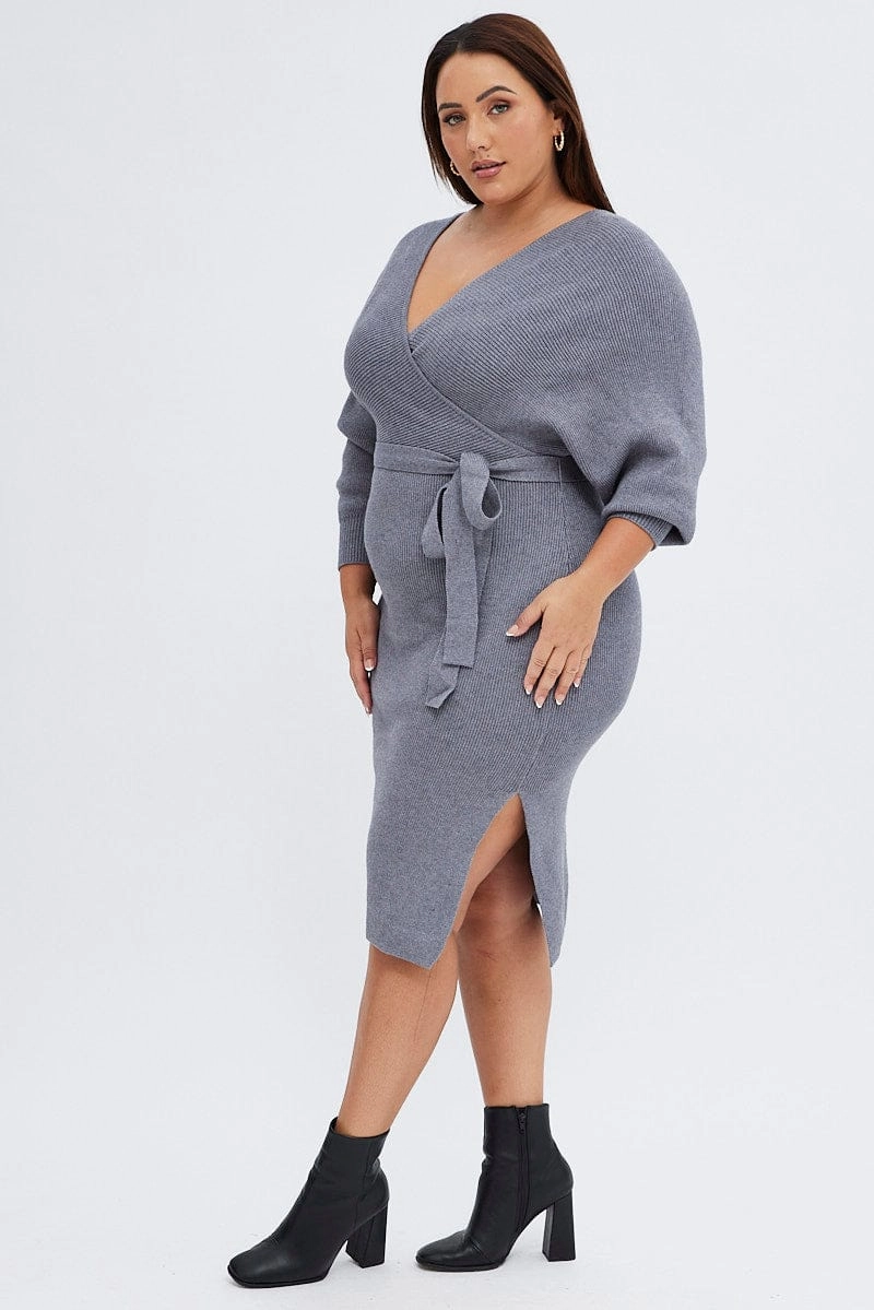 Grey Knit Dress Knee Length Crossover Sophisticated Line