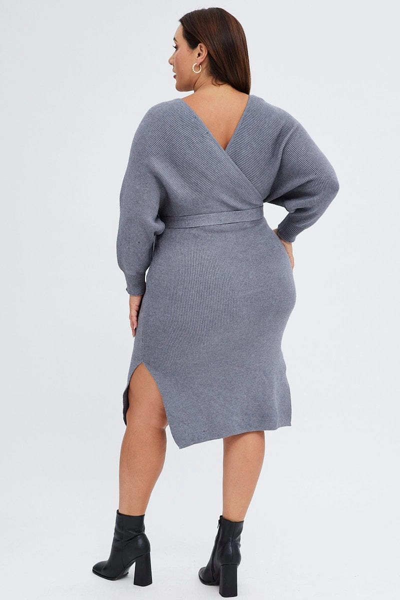Euro Touch Grey Knit Dress Knee Length Crossover