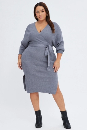 Grey Knit Dress Knee Length Crossover All-Occasion Wear