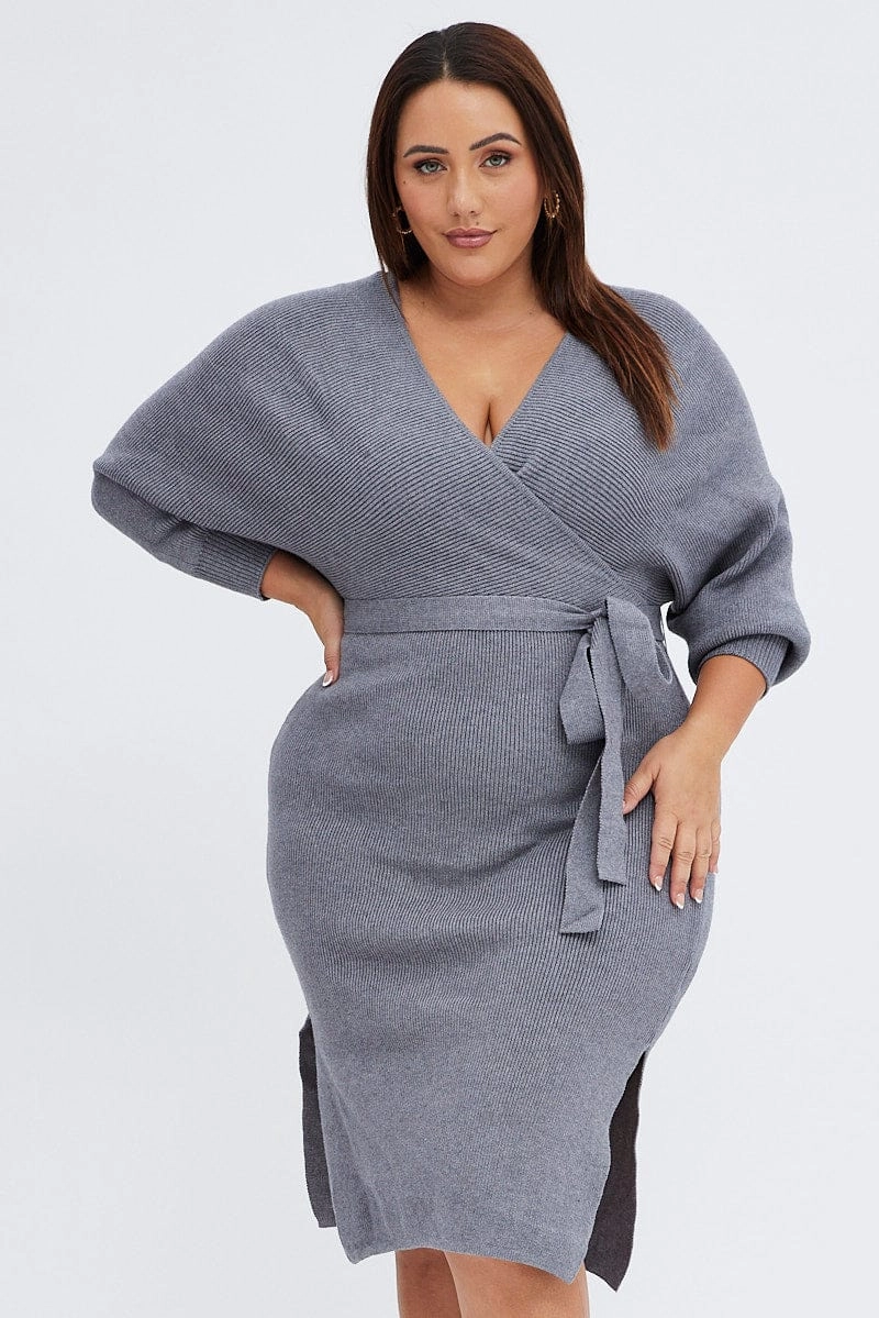 relaxed shape Eco Friendly Grey Knit Dress Knee Length Crossover