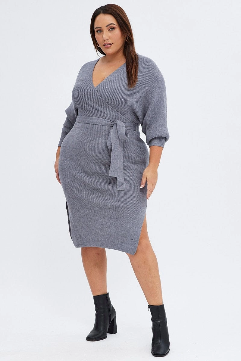 Grey Knit Dress Knee Length Crossover Guest Glam Quick-Dry