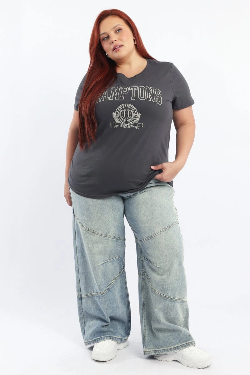 Grey Graphic T Shirt Short Sleeve Crew Neck FadeResistant