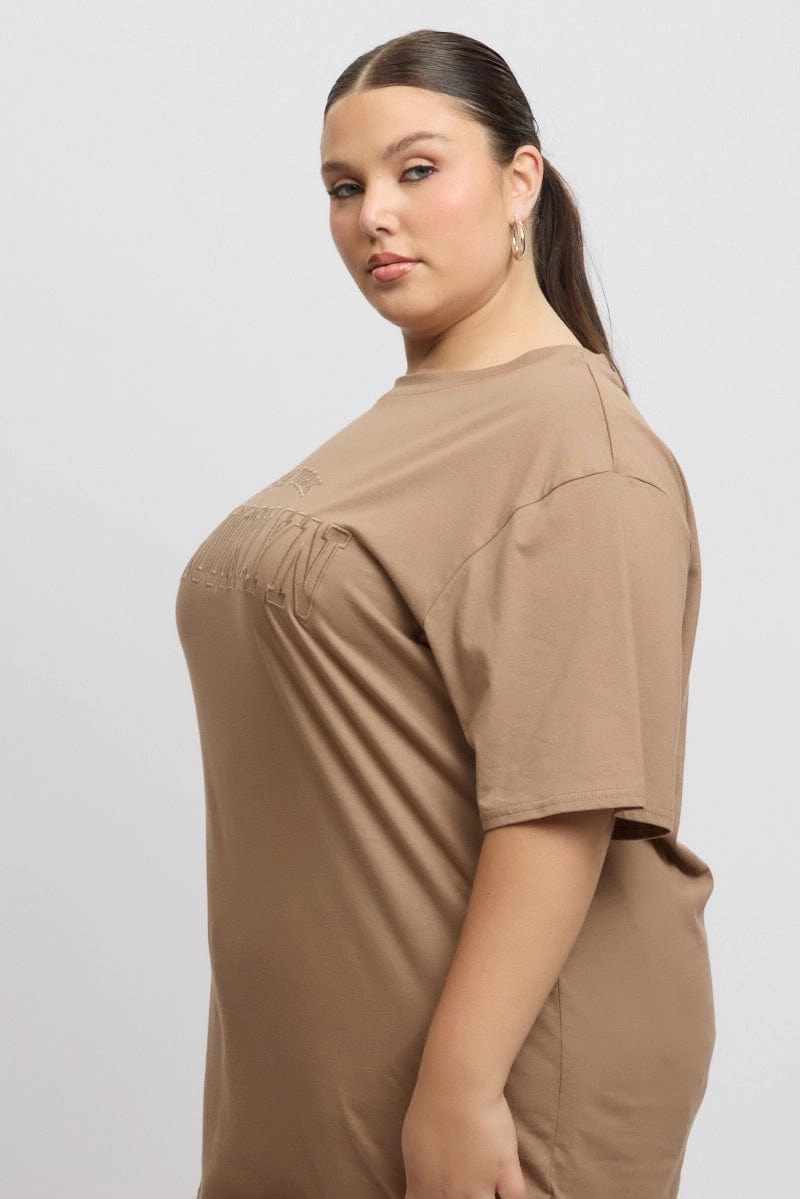 Brown Graphic Tee Short Sleeve Round Neck Everyday Casual