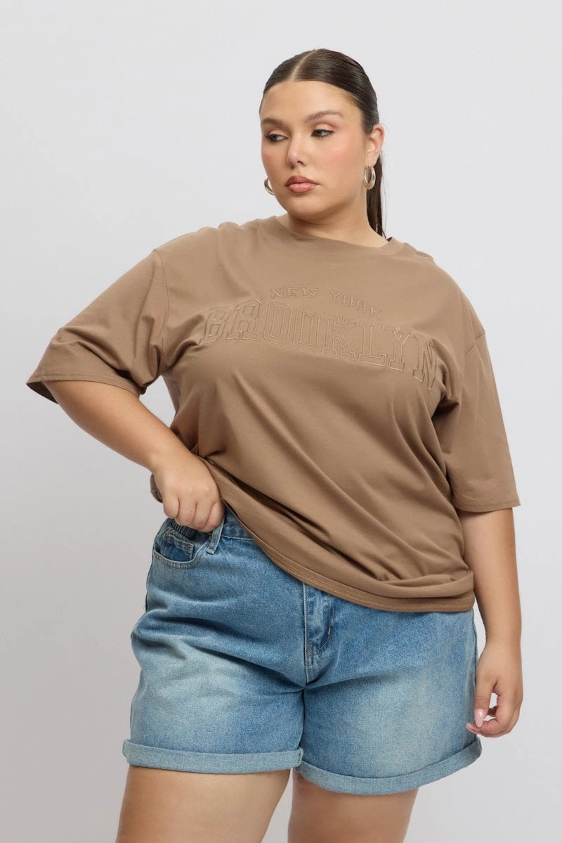 Comfy Movement Cozy Style Brown Graphic Tee Short Sleeve Round Neck