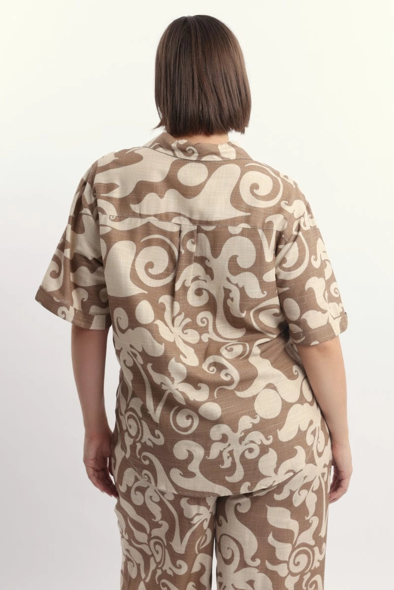 family gathering Beige Abstract Relaxed Shirt Short Sleeve Linen Blend