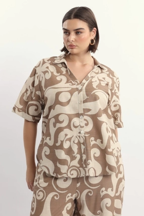 Beige Abstract Relaxed Shirt Short Sleeve Linen Blend Standalone Option