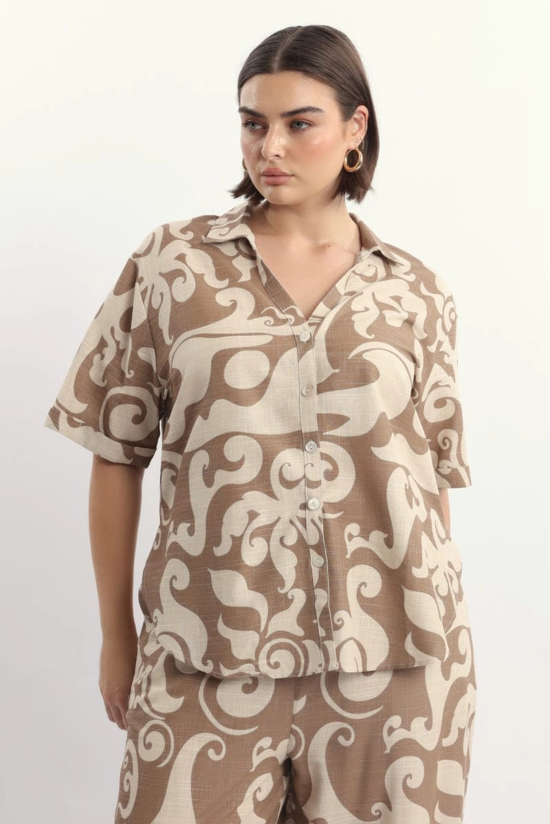 Beige Abstract Relaxed Shirt Short Sleeve Linen Blend Standalone Option