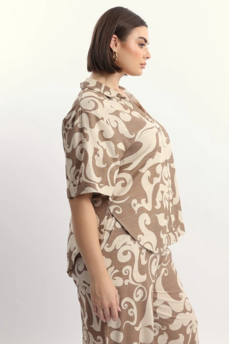 Striped Design Beige Abstract Relaxed Shirt Short Sleeve Linen Blend