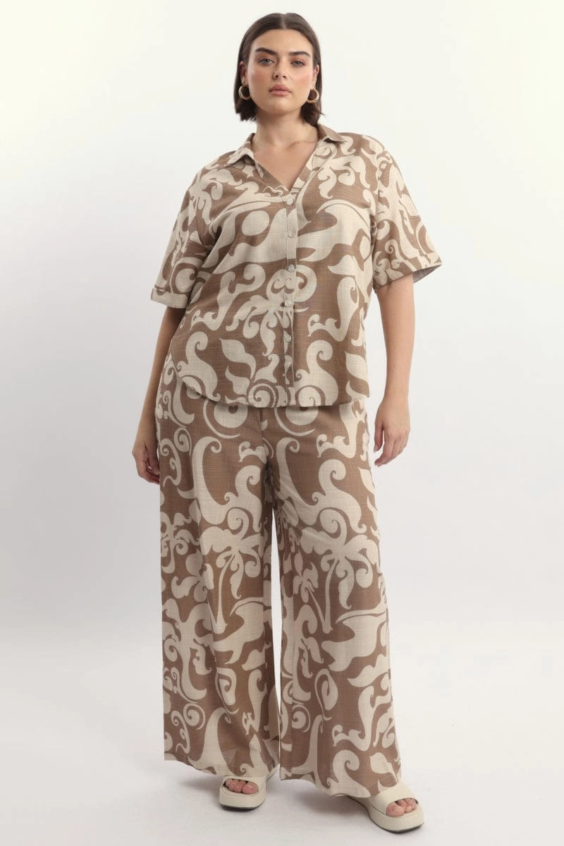 Beige Abstract Relaxed Shirt Short Sleeve Linen Blend Sports Ready Casual Comfort