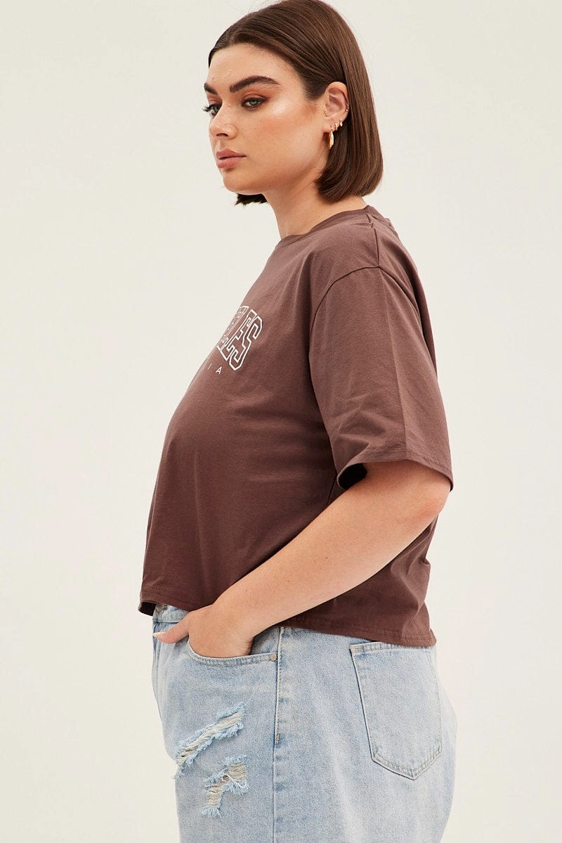 Flexible Comfort Brown Short Sleeve Los Angeles Crop T-shirt