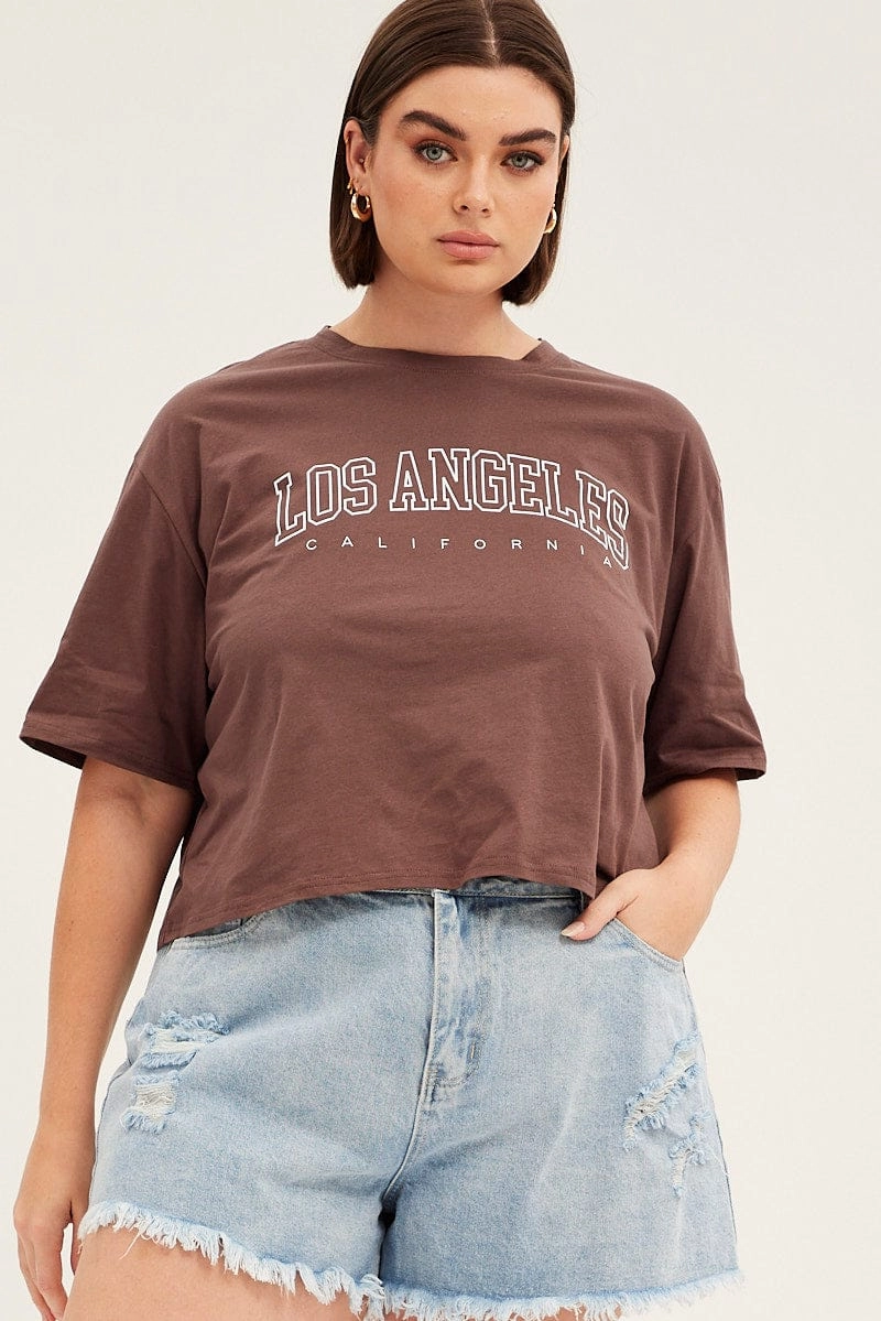Brown Short Sleeve Los Angeles Crop T-shirt AntiBacterialTreatment