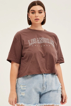 Brown Short Sleeve Los Angeles Crop T-shirt Stretchable Armholes