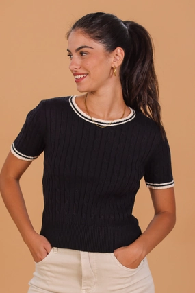 Top Harriet Black Classic Crew Neck Petal Sleeve Architecture