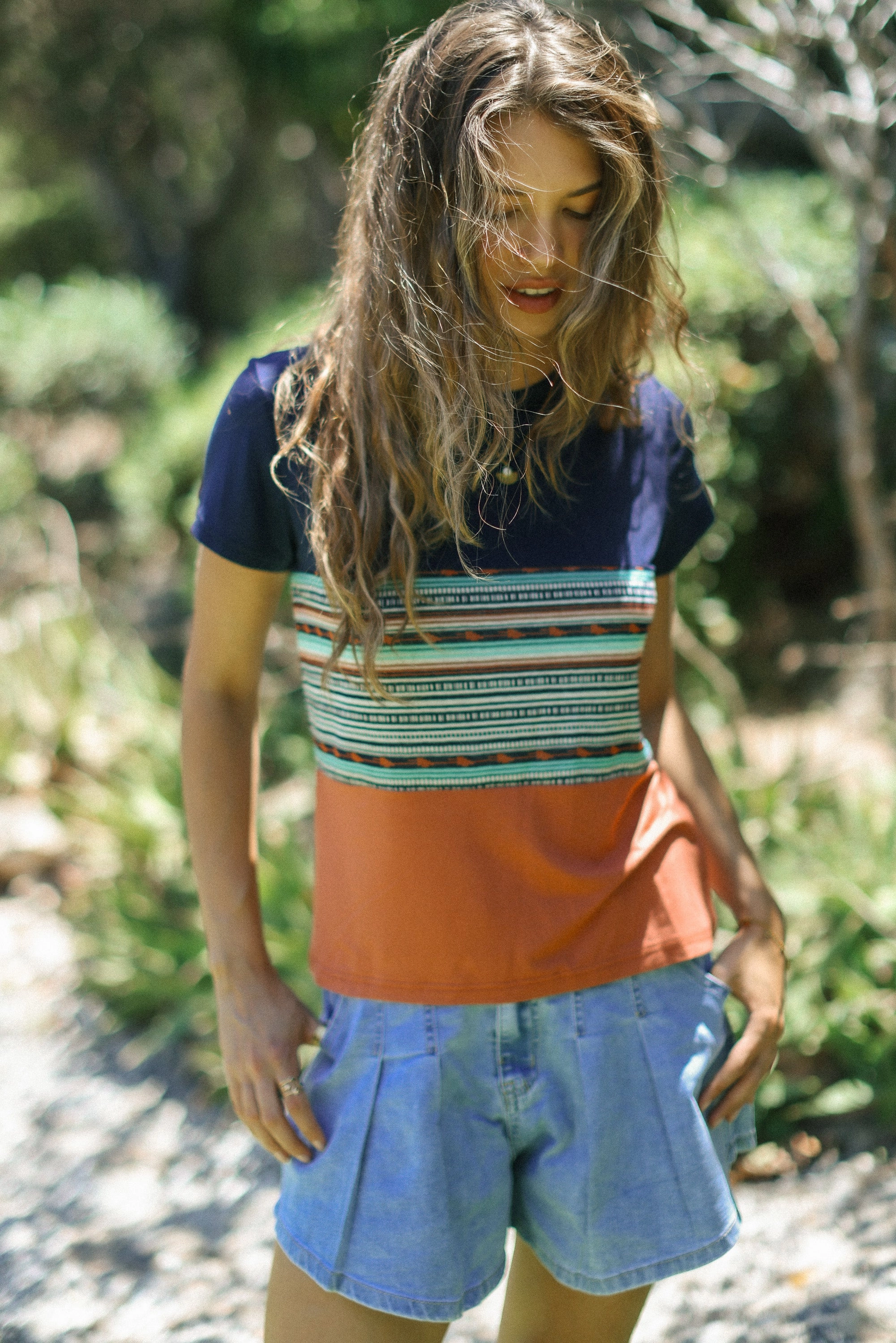 Top Mia Blue Aztec Thermoregulating Fabric RibbedTrim
