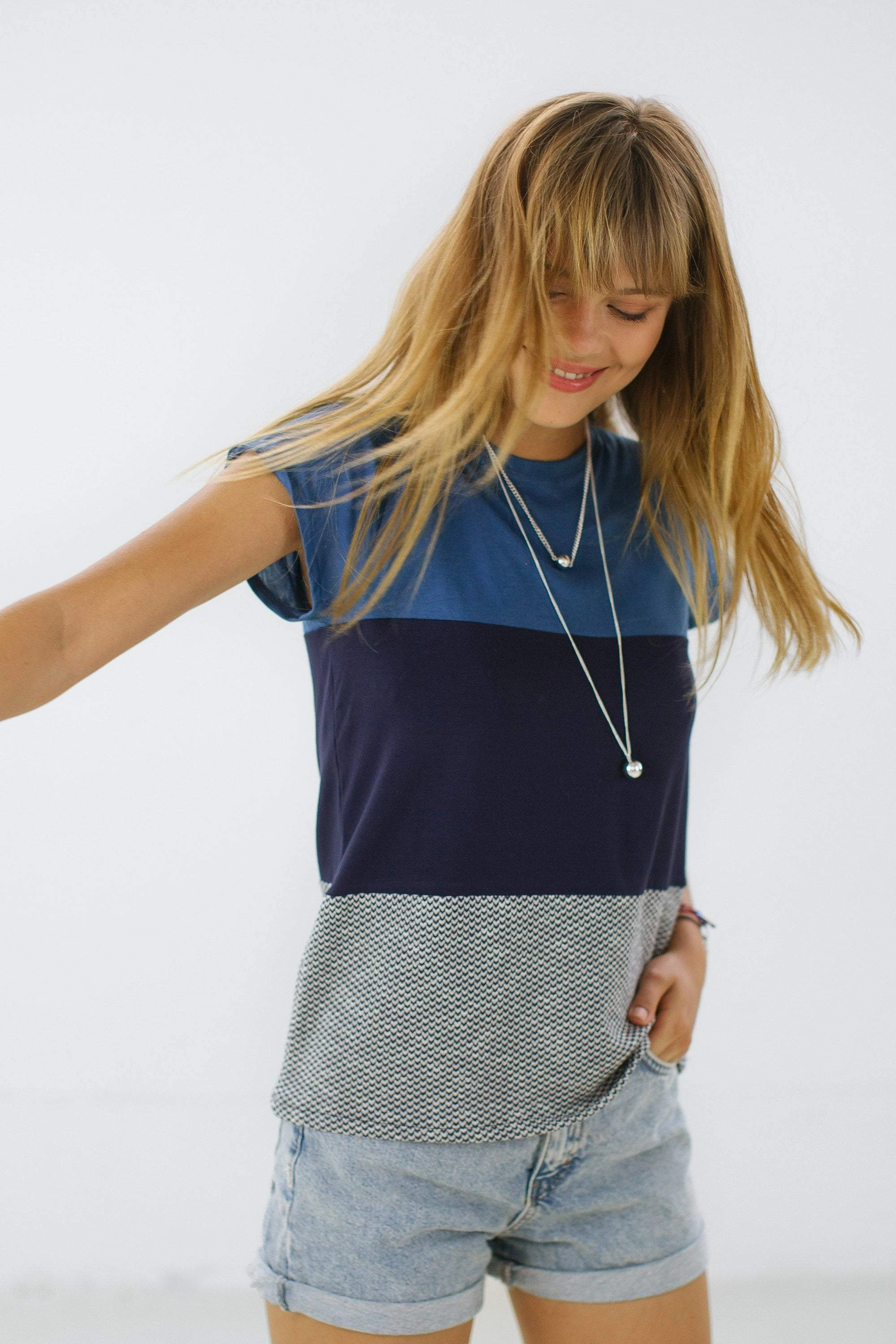Top Mia Blue Stripes EcoFriendlyDye Four Way Stretch Material