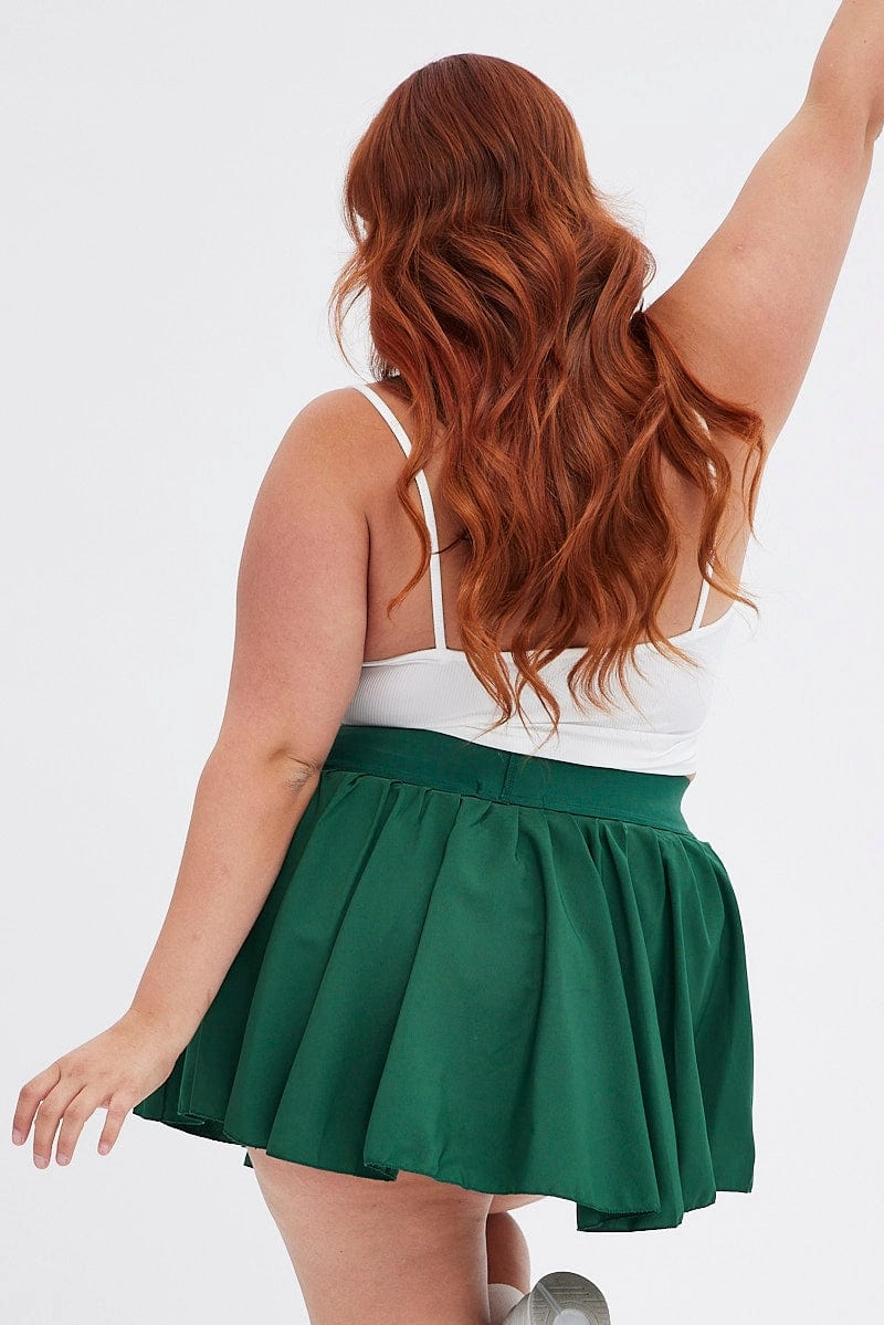Corduroy texture Green Mini Skirt Pleated Tennis With Shorts Underneath