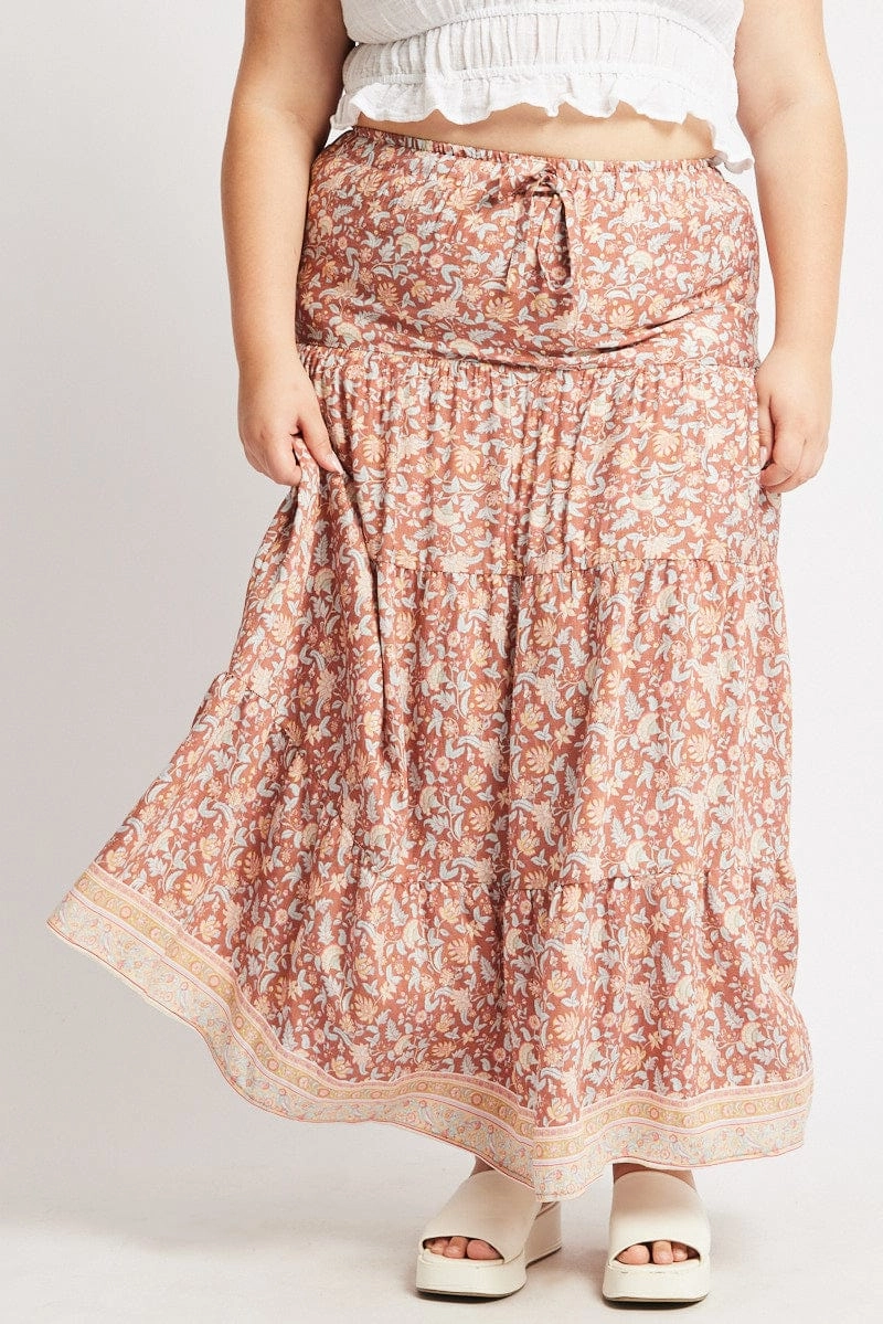 gentle style Multi Boho Tie Waist Tiered Maxi Skirt