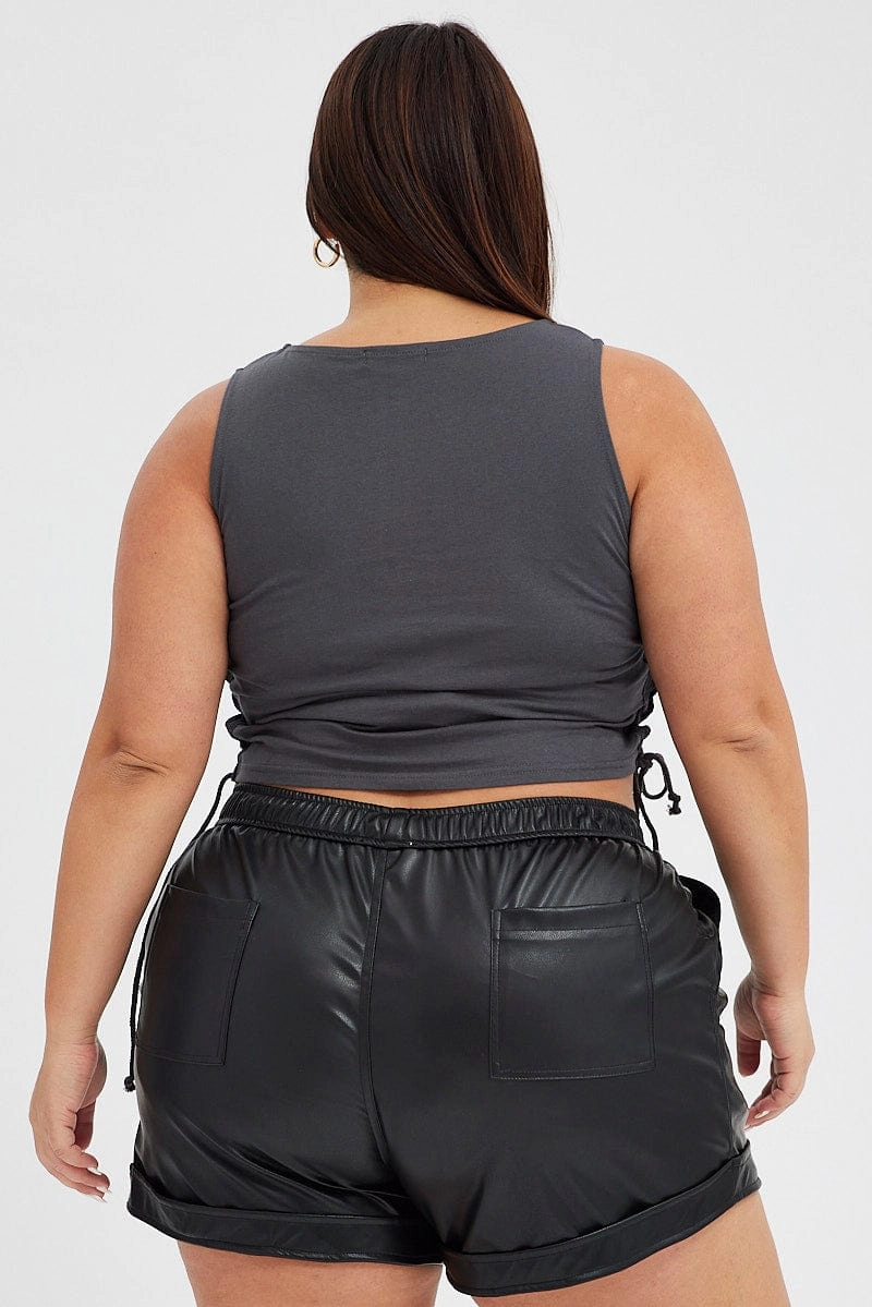 Black Faux Leather Shorts Athletic Waist Sweat Wicking Fabric Subtle Charm