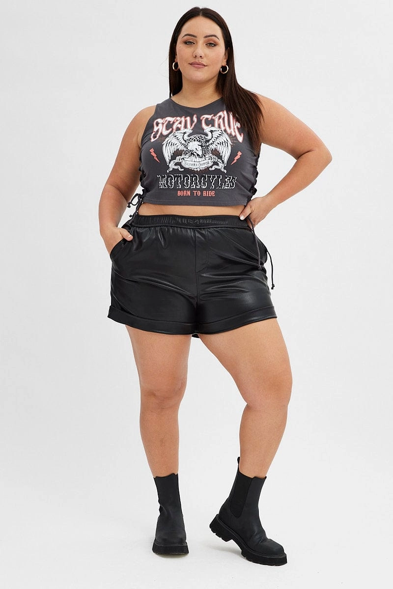 Black Faux Leather Shorts Athletic Waist overalls Hypoallergenic fabric