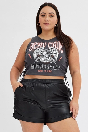 Anti Static Finish Black Faux Leather Shorts Athletic Waist