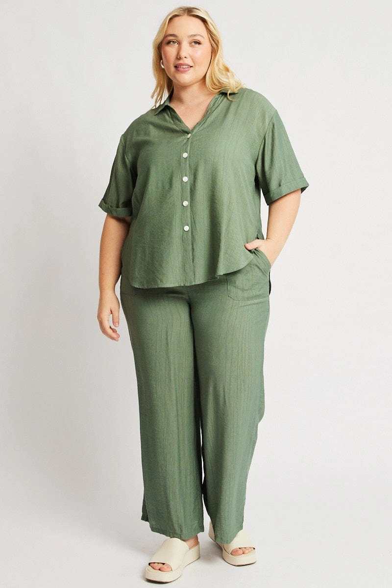 Green Drawstring Waist Wide Leg Textured Pants Soft Interior Polished Look