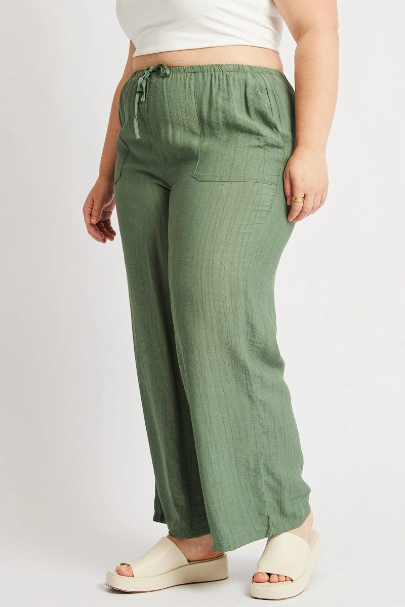Green Drawstring Waist Wide Leg Textured Pants Frayed hem Low Profile Waistband
