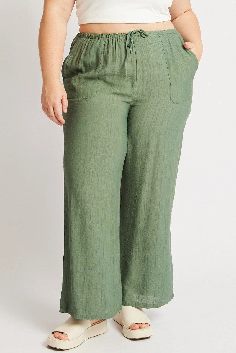 Comfy Vibes Green Drawstring Waist Wide Leg Textured Pants
