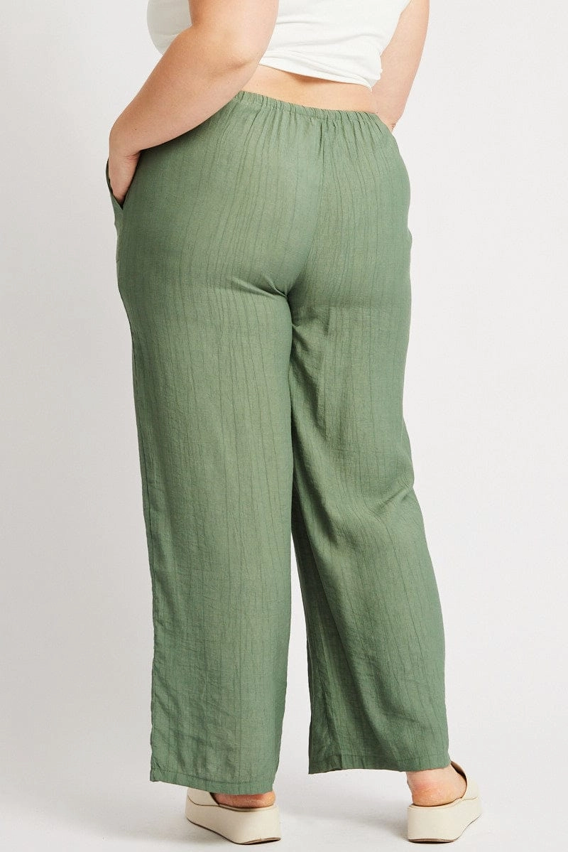 Modern Relaxed Green Drawstring Waist Wide Leg Textured Pants