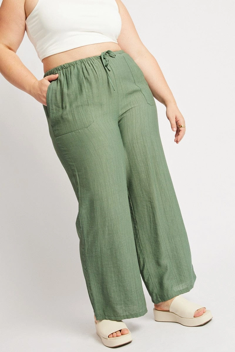 Core Essential Green Drawstring Waist Wide Leg Textured Pants
