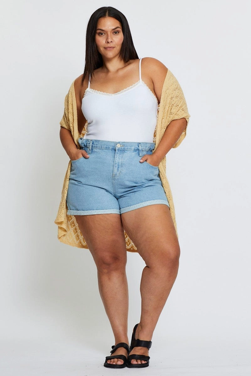 Beige Knit Cardigan Crochet Short Sleeve Zippered Pockets