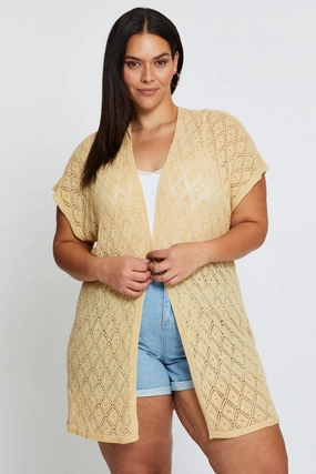 Compression Fit Design Pre Shrunk Cotton Blend Beige Knit Cardigan Crochet Short Sleeve